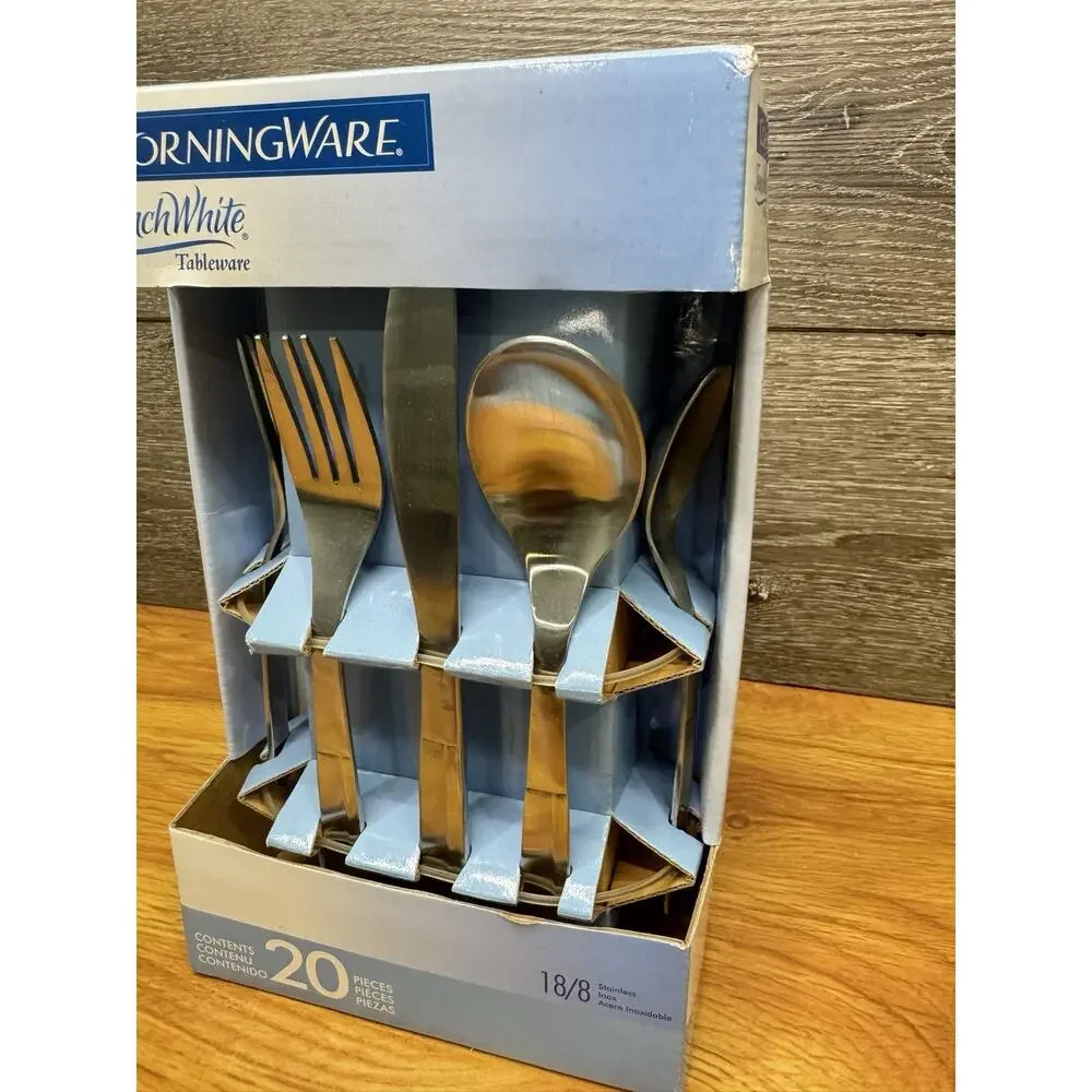 CorningWare French White Flatware Set 20 Piece 18/8 Stainless Steel New In Box